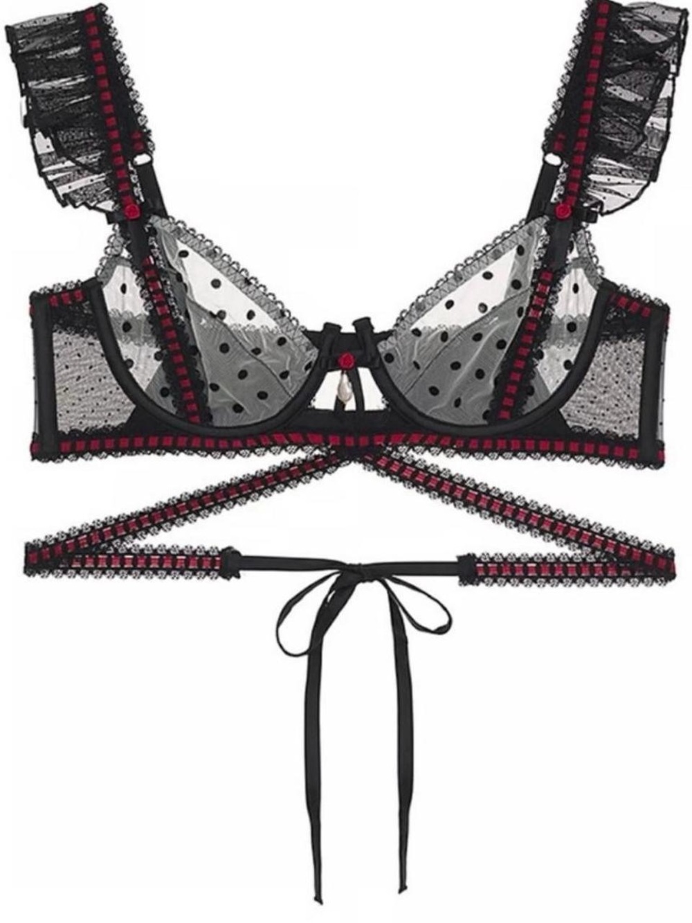 For Love and Lemons Sheer Polka Dot Lace Bra with Red Accent Straps